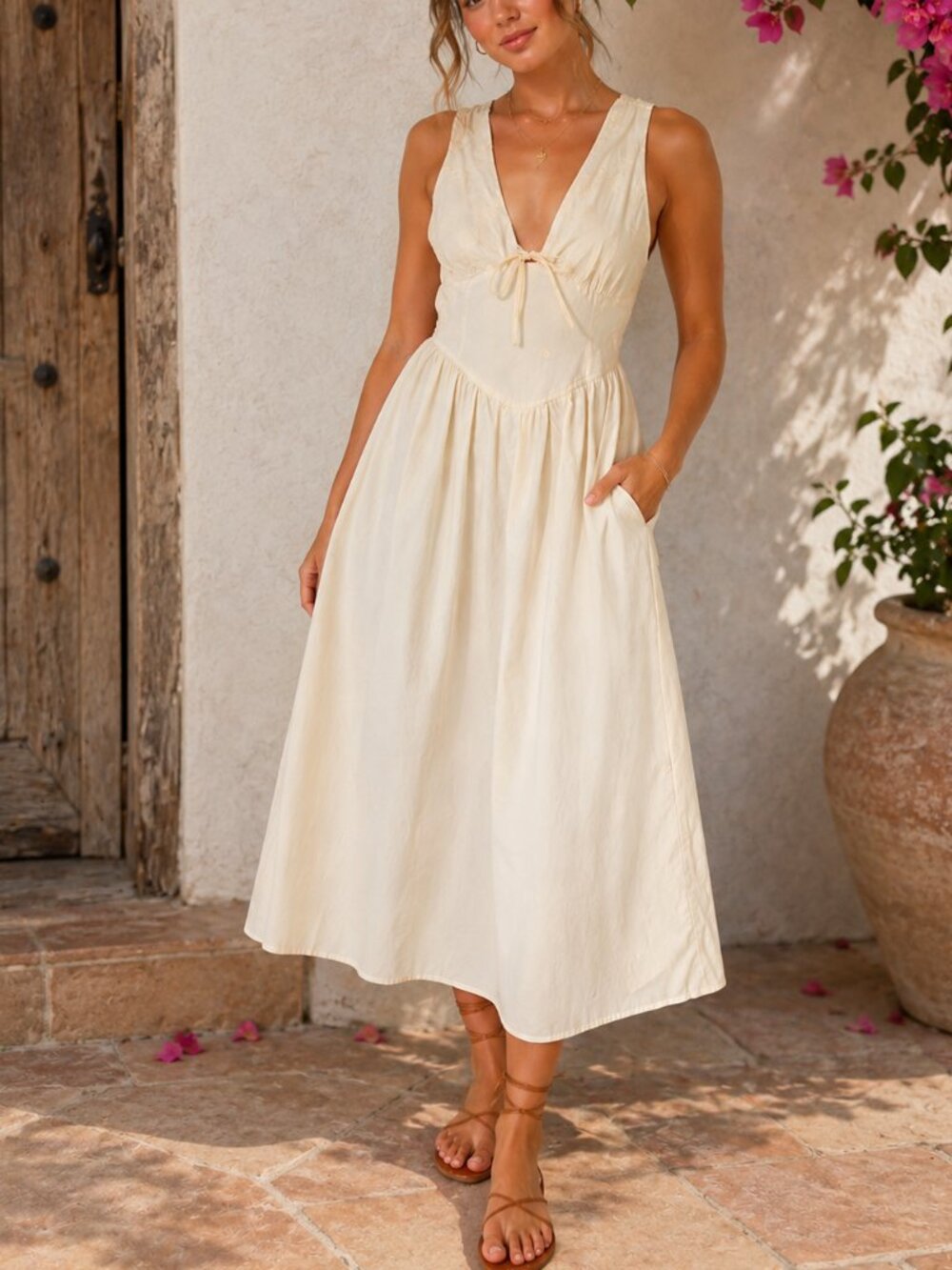 Band of the Free Cream Embroidered Cotton Midi Dress Pockets Cottagecore Size M